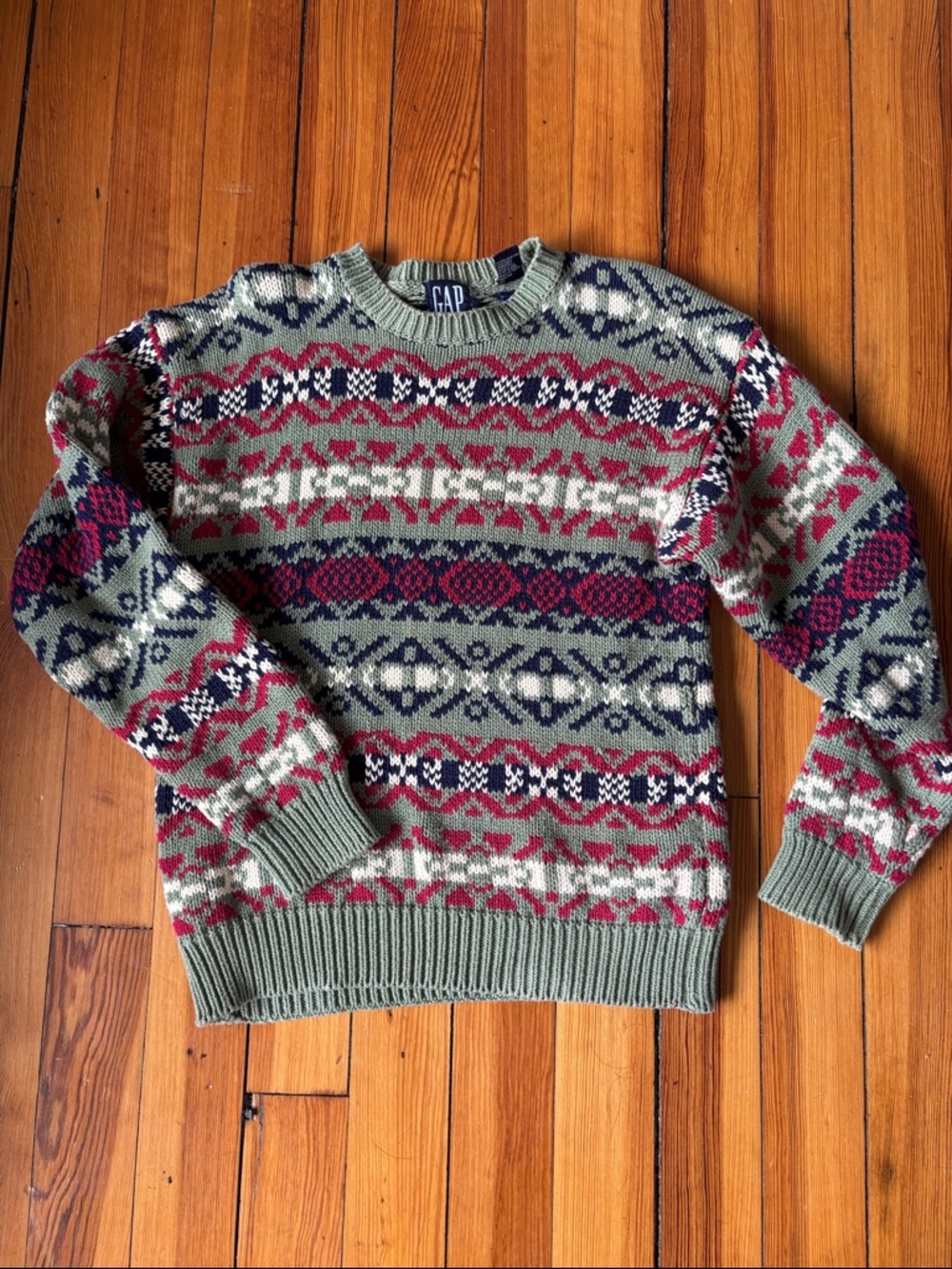 Vintage GAP Olive Crewneck Sweater with Red, Navy & Cream Fair Isle Pattern